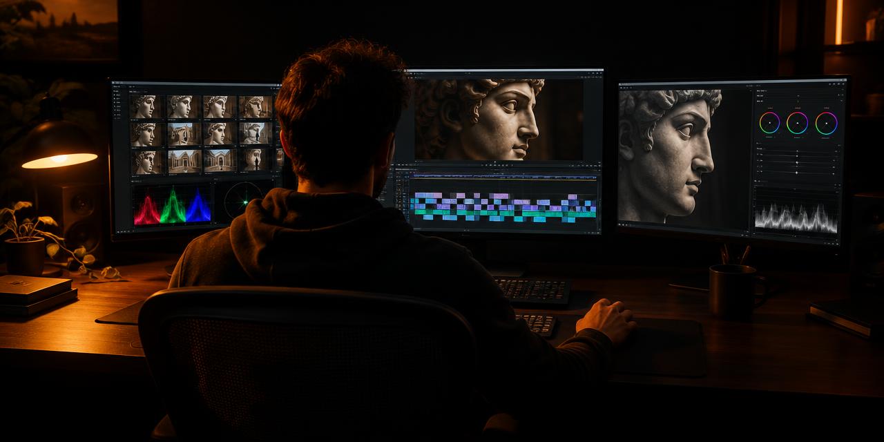 Editor working at a multi-monitor workstation