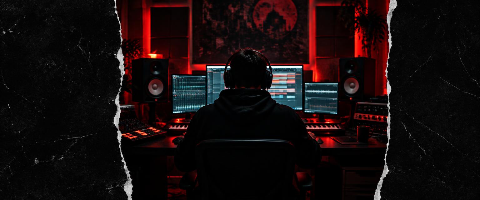 Music producer working in a red-lit recording studio